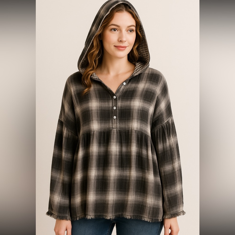 C Christian Los Angeles Cottagecore Hooded Plaid Button Top L Oversized